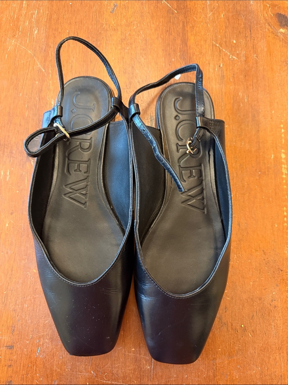J. Crew Black Leather Square-Toe Slingback Mules with Slim Strap